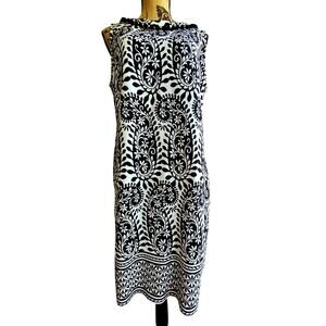 Talbots Dress Black White Paisley Pompom 100% Cotton Sleeveless, Sz L